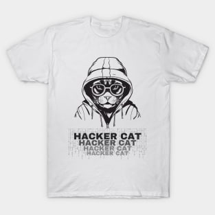 Hacker Cat. Hacker cat with hoodie and glasses, grayscale design T-Shirt